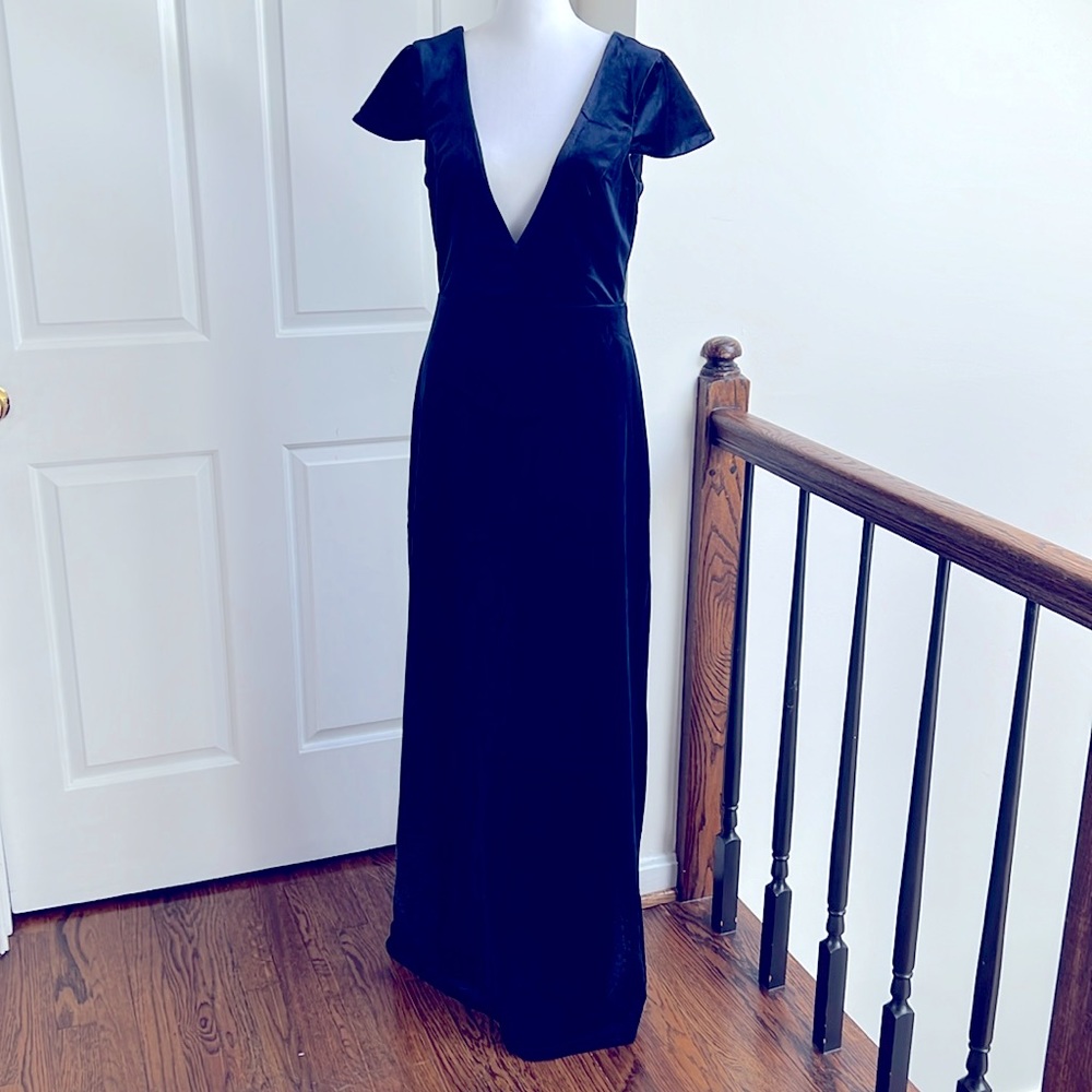 Deep plunge neckline navy velvet floor length dress